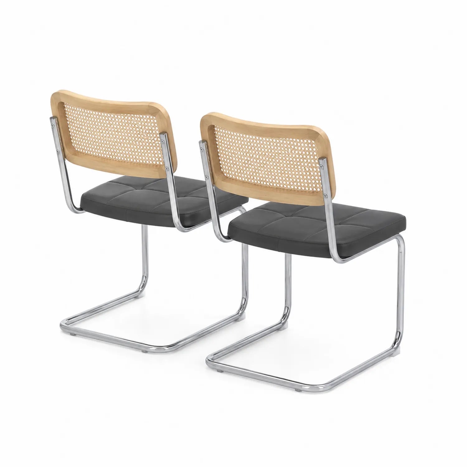 Chaises en métal avec dossier en rotin et siège en cuir synthétique noir, lot de 2
