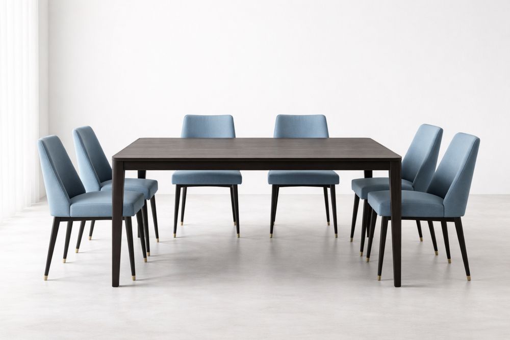 Dining Table Set with 6 Blue Chairs and Wooden Table