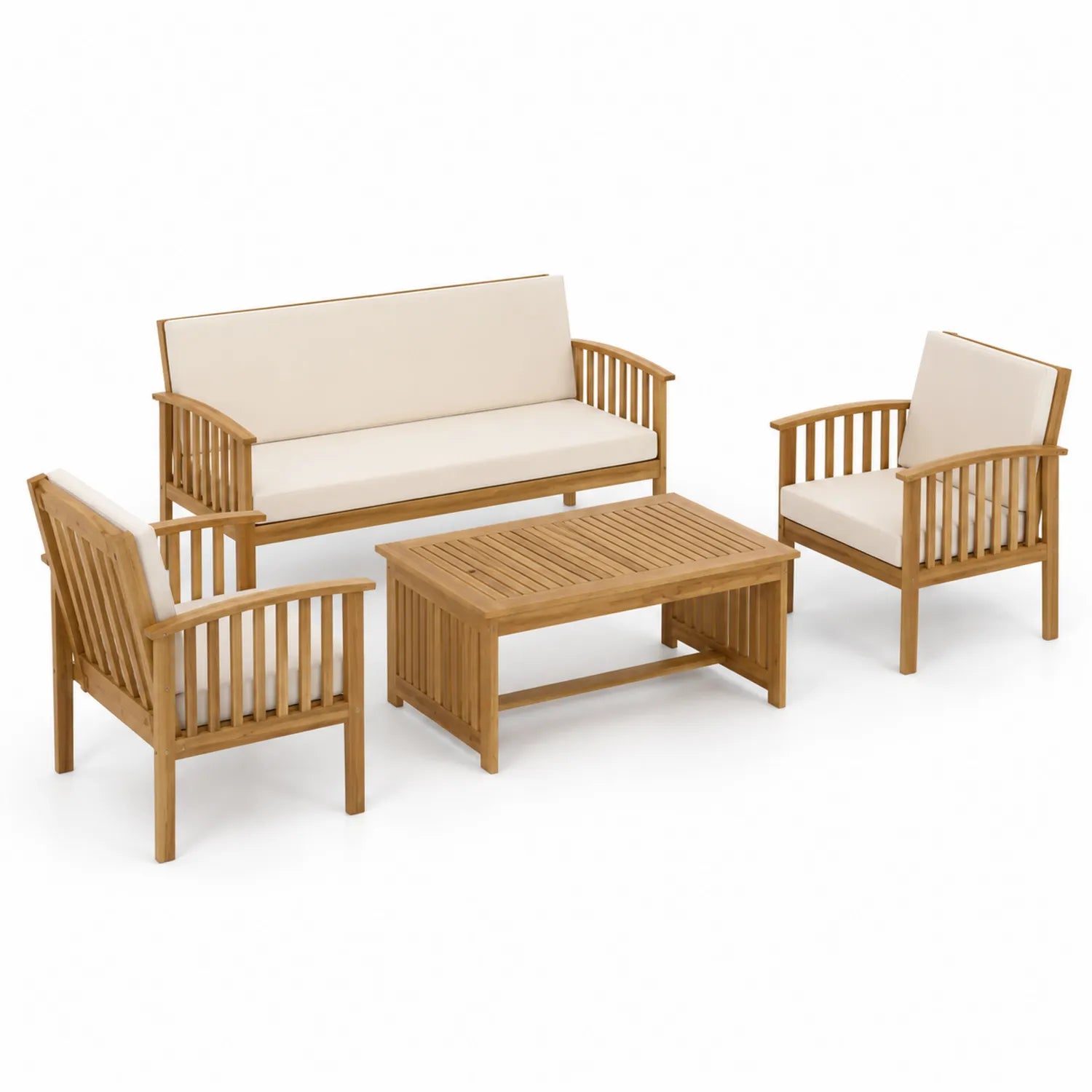 Ensemble de salon de jardin en bois d'acacia avec coussins crème