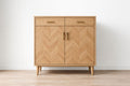 Oak Two-Door Cabinet with Chevron Pattern and Drawers
