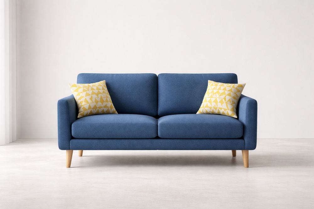 Blue Fabric Sofa with Wooden Legs and Yellow Cushions