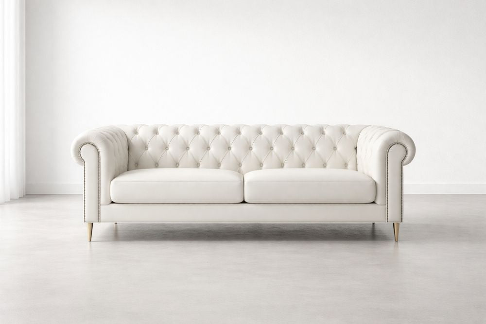 Leather Chesterfield Sofa with Wood Legs in White