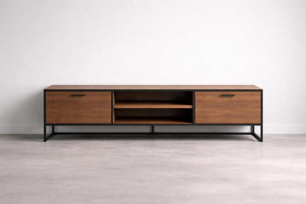 Brown Wood and Metal TV Stand with Shelves and Doors