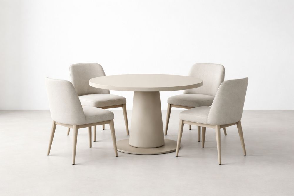 Juego de comedor con mesa redonda, sillas tapizadas en beige y estructura de madera