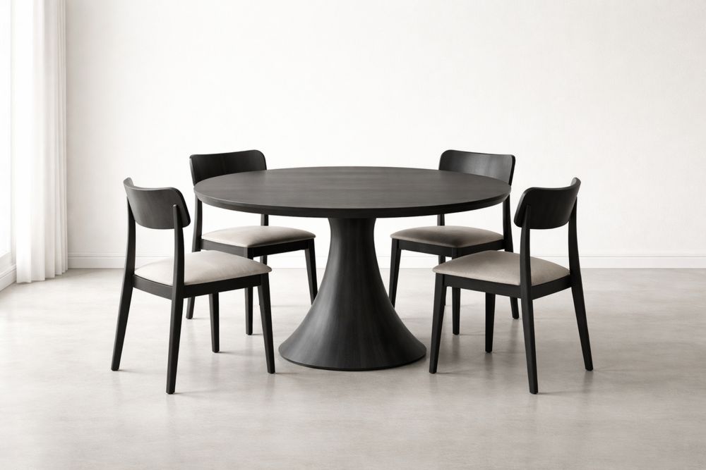 Round Wood Dining Table Set with Upholstered Chairs