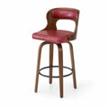 Taburete de bar giratorio de madera con asiento de cuero sintético rojo