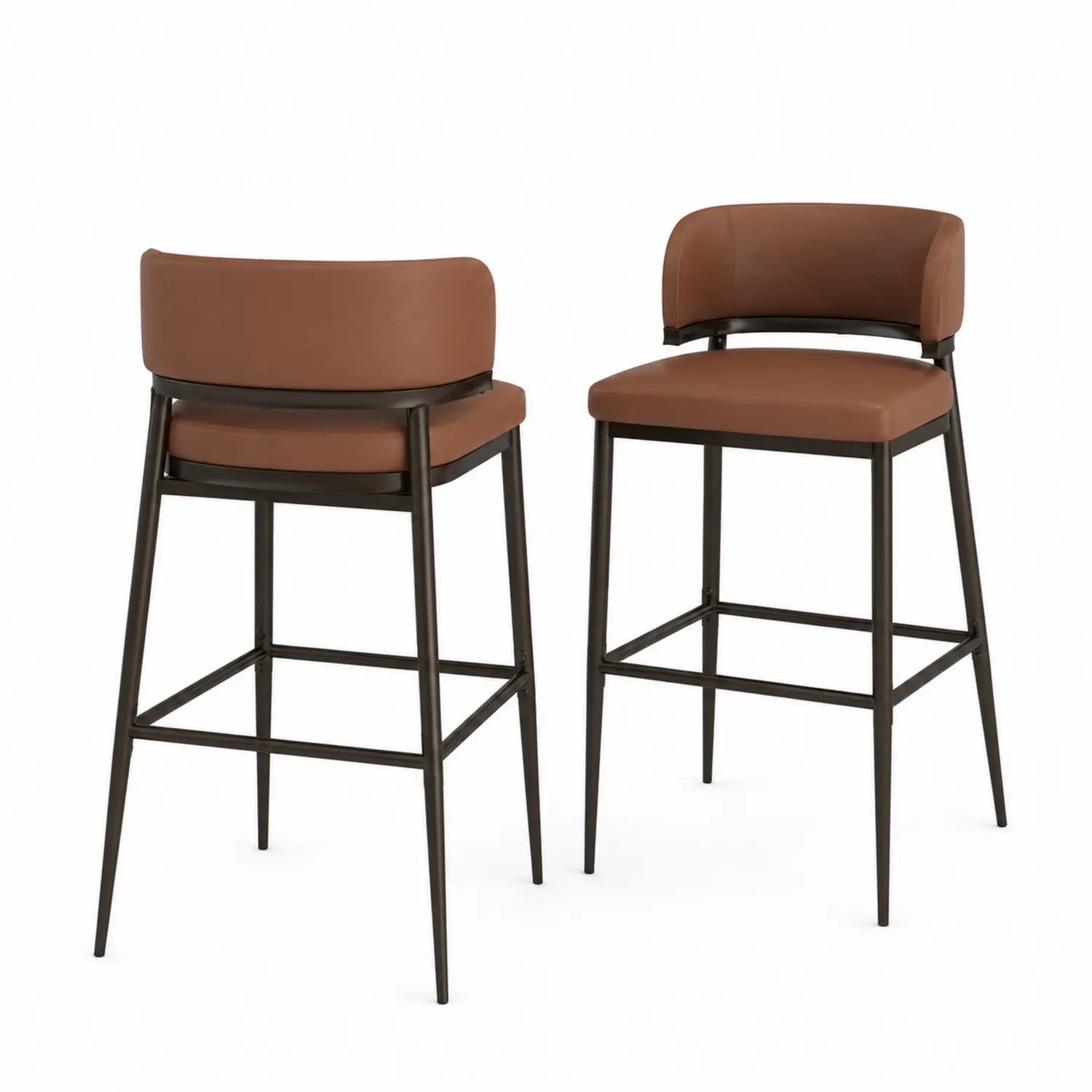 Tabourets de bar en cuir synthétique marron avec cadre en acier noir, lot de 2
