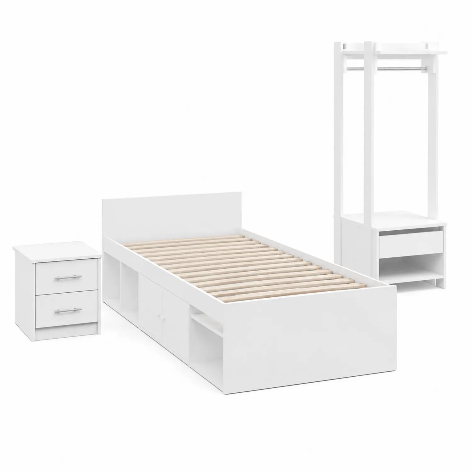 Lit En Bois avec Rangement et Table de Chevet et Penderie Blanche