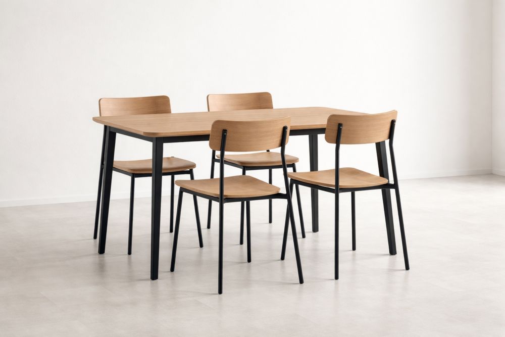 Juego de comedor con mesa de chapa de roble, estructura de metal negro y 4 sillas