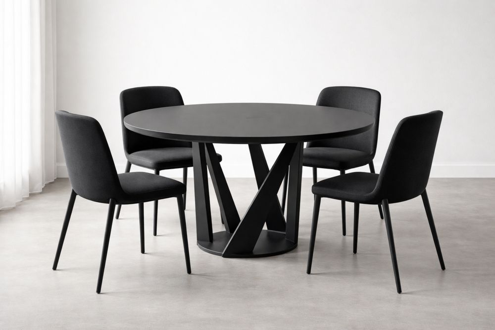 Black Round Dining Table Set with Four Upholstered Chairs and Metal Base