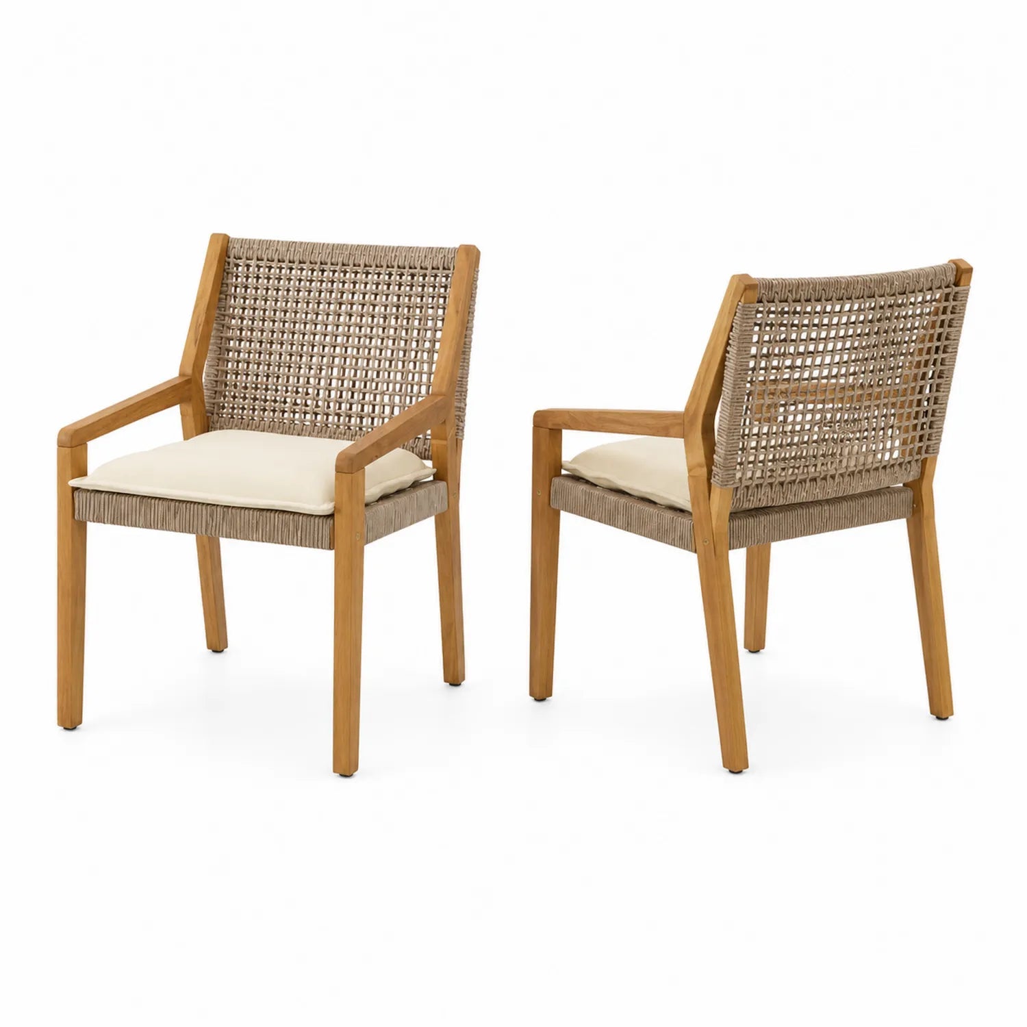 Chaises en teck avec coussins crème et dossier en corde, 2 pièces