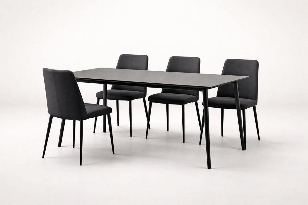 Black Dining Table Set with 4 Chairs Metal and Fabric