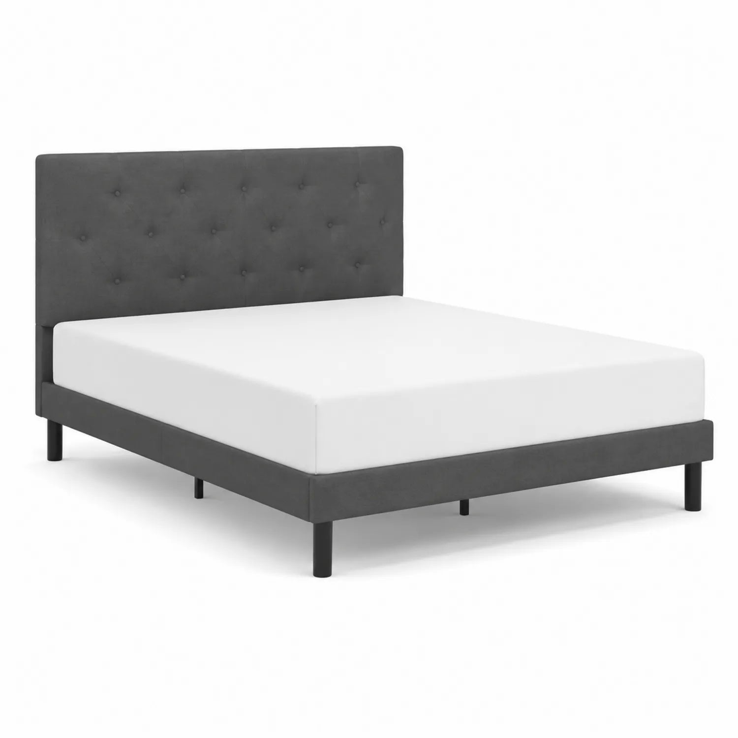 Lit double gris en tissu avec tête de lit capitonnée