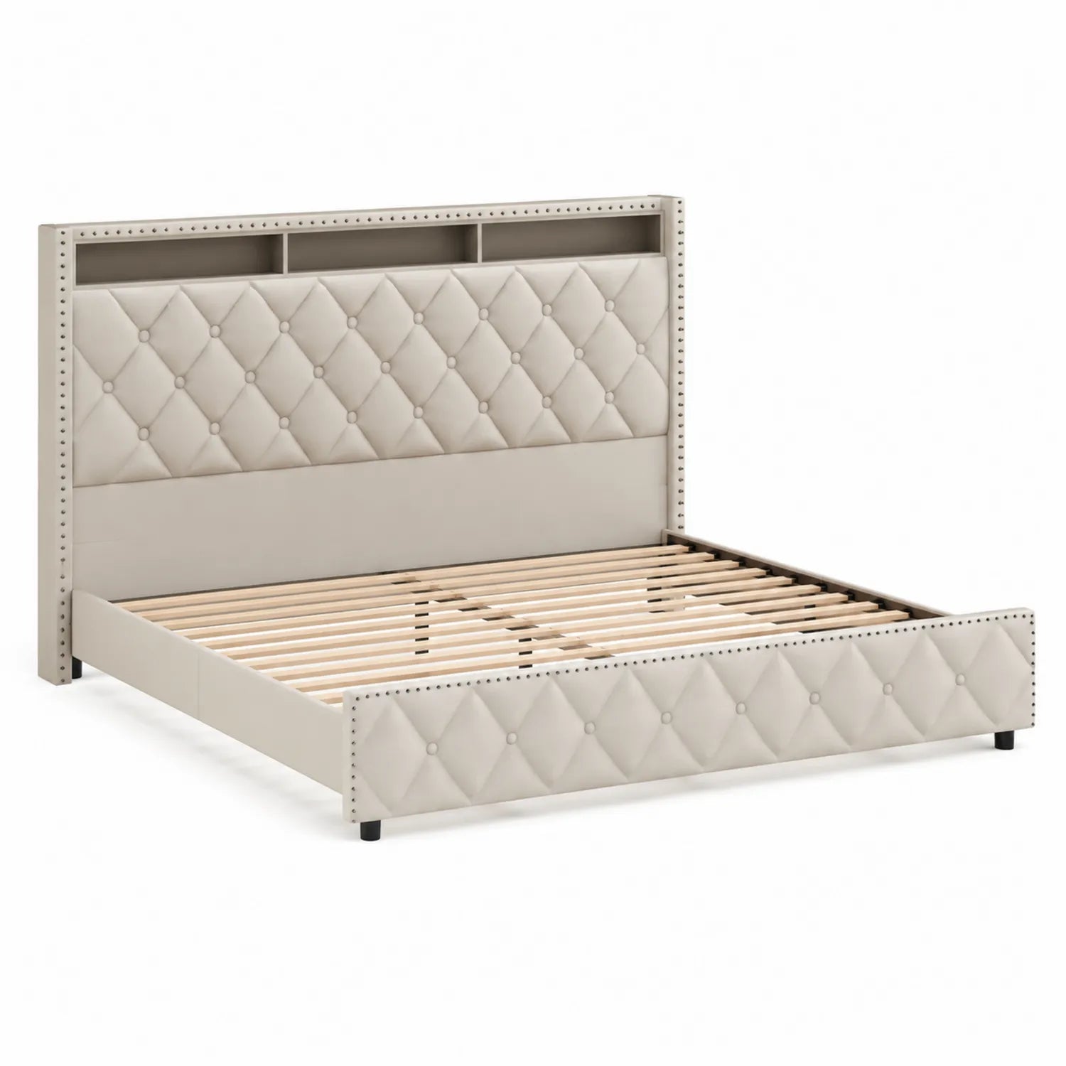 Lit double en bois avec tête de lit en simili cuir beige 200x160 cm