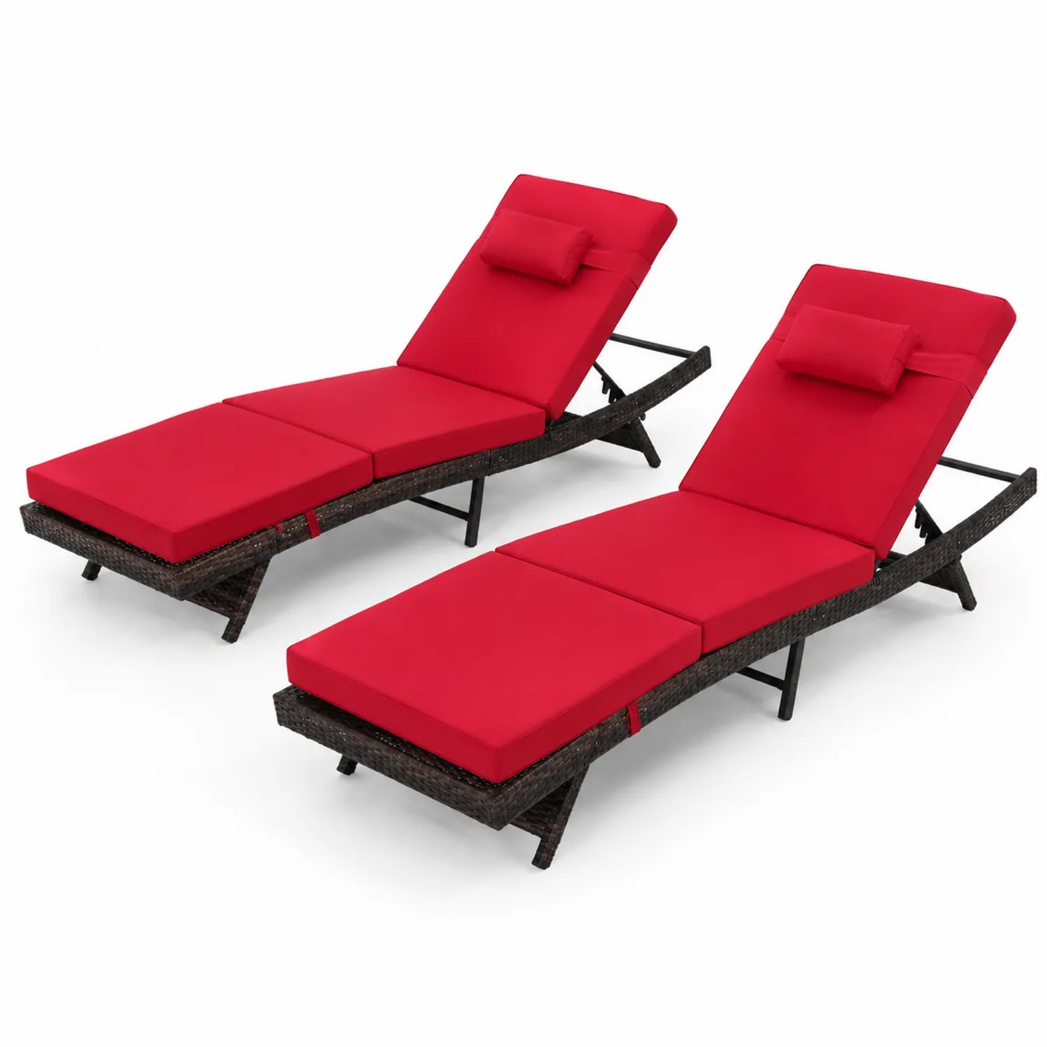 Ensemble de 2 chaises longues en rotin avec coussins rouges