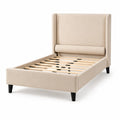 Cama de tela beige con cabecero acolchado 200x140cm