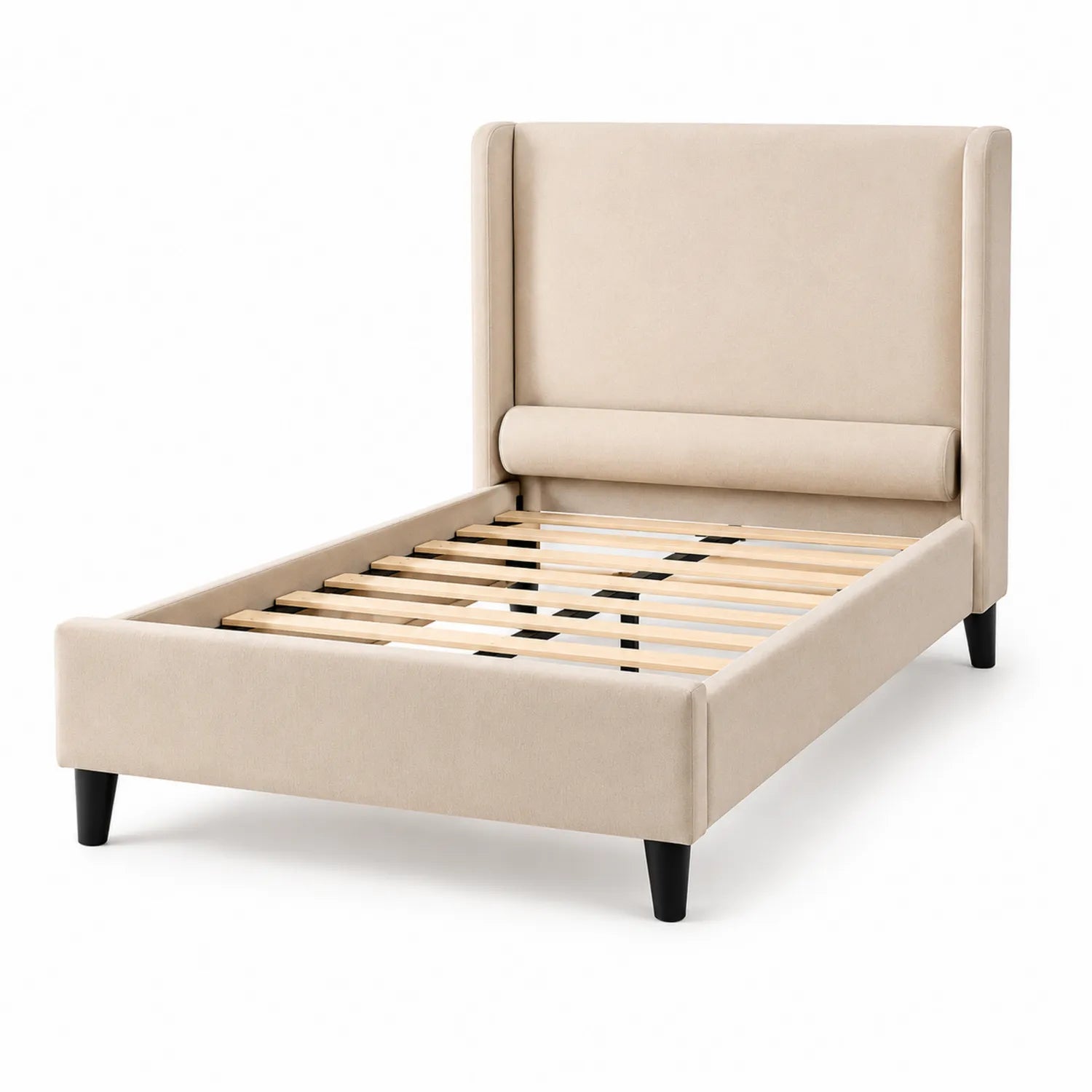 Lit en tissu beige avec tête de lit rembourrée 200x140cm
