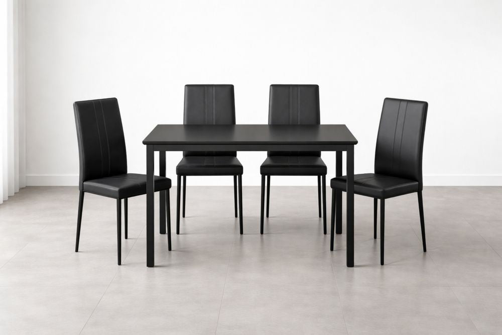 Dining Table Set with 4 Chairs Black PU Leather Metal Frame
