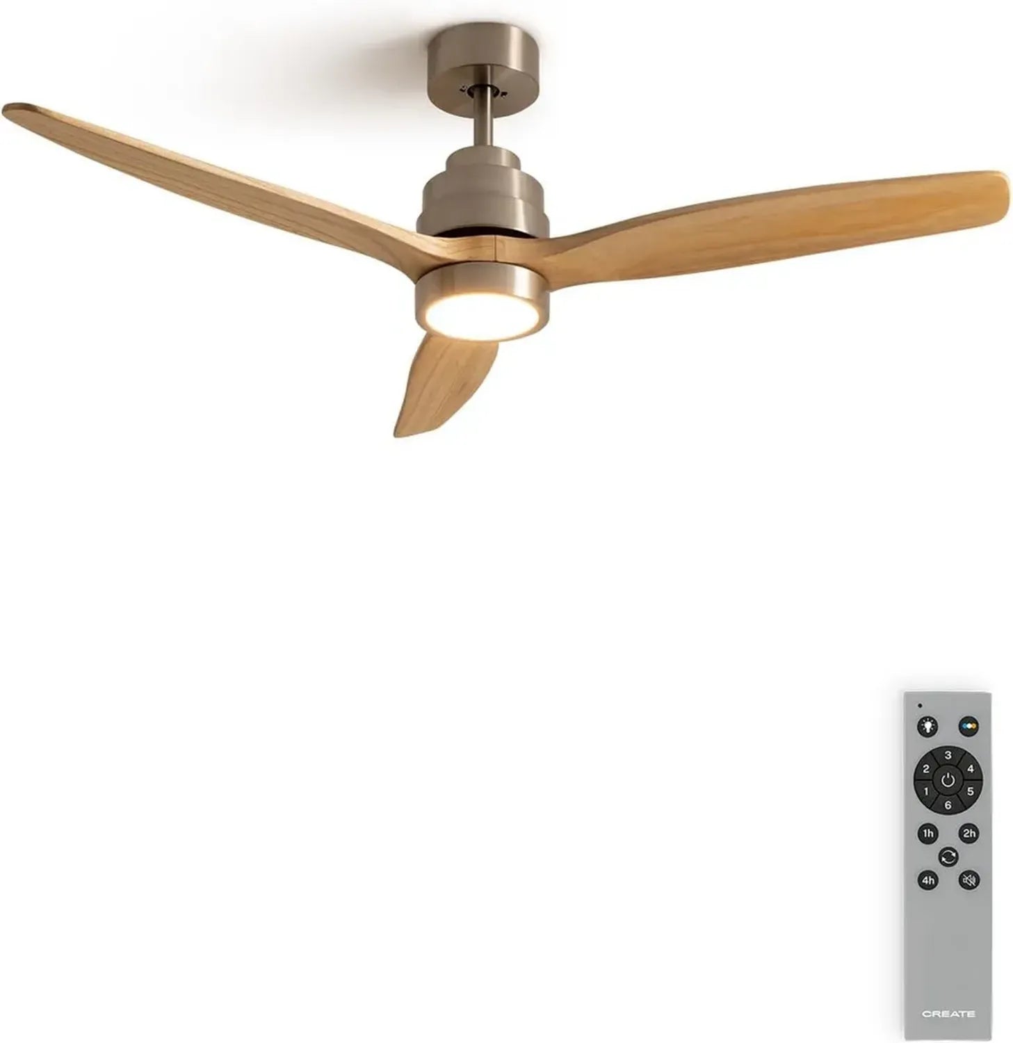 Ventilateur de Plafond Silencieux en Bois Naturel avec Télécommande et Lumière, 132 cm, 40W, 6 Vitesses et Fonction Été-Hiver