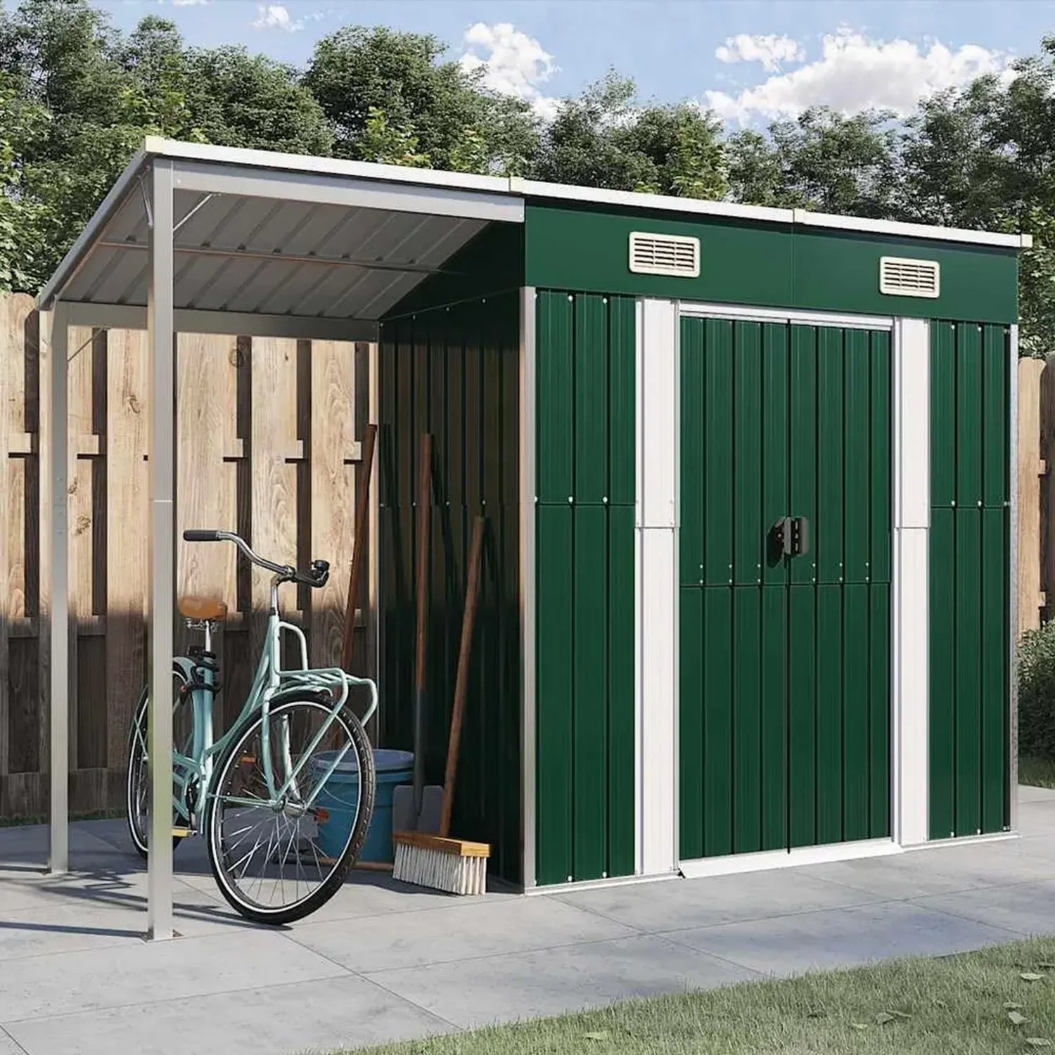 Cabane de Jardin en Acier Vert avec Toit Incliné 277x107x181 cm pour Stockage Outils