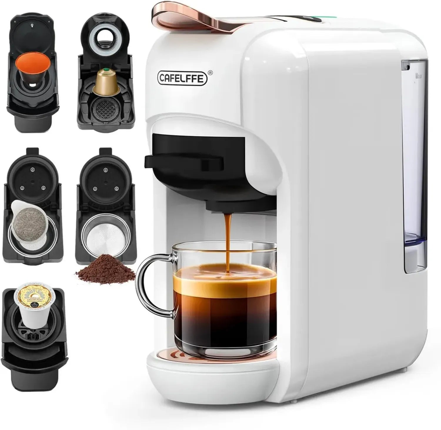 Machine à café 5 en 1, 19 bars, compatible capsules et dosettes, 0,6L, blanche