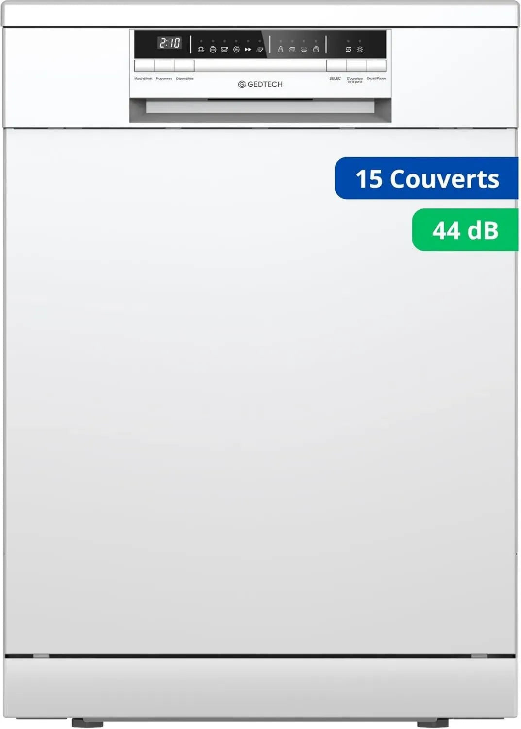 GEDTECH Lave-vaisselle 15 Ensembles - Ultra silencieux 44 dB - Éco & Rapide - Départ différé - Classe énergie C - Sécurité enfant - Blanc