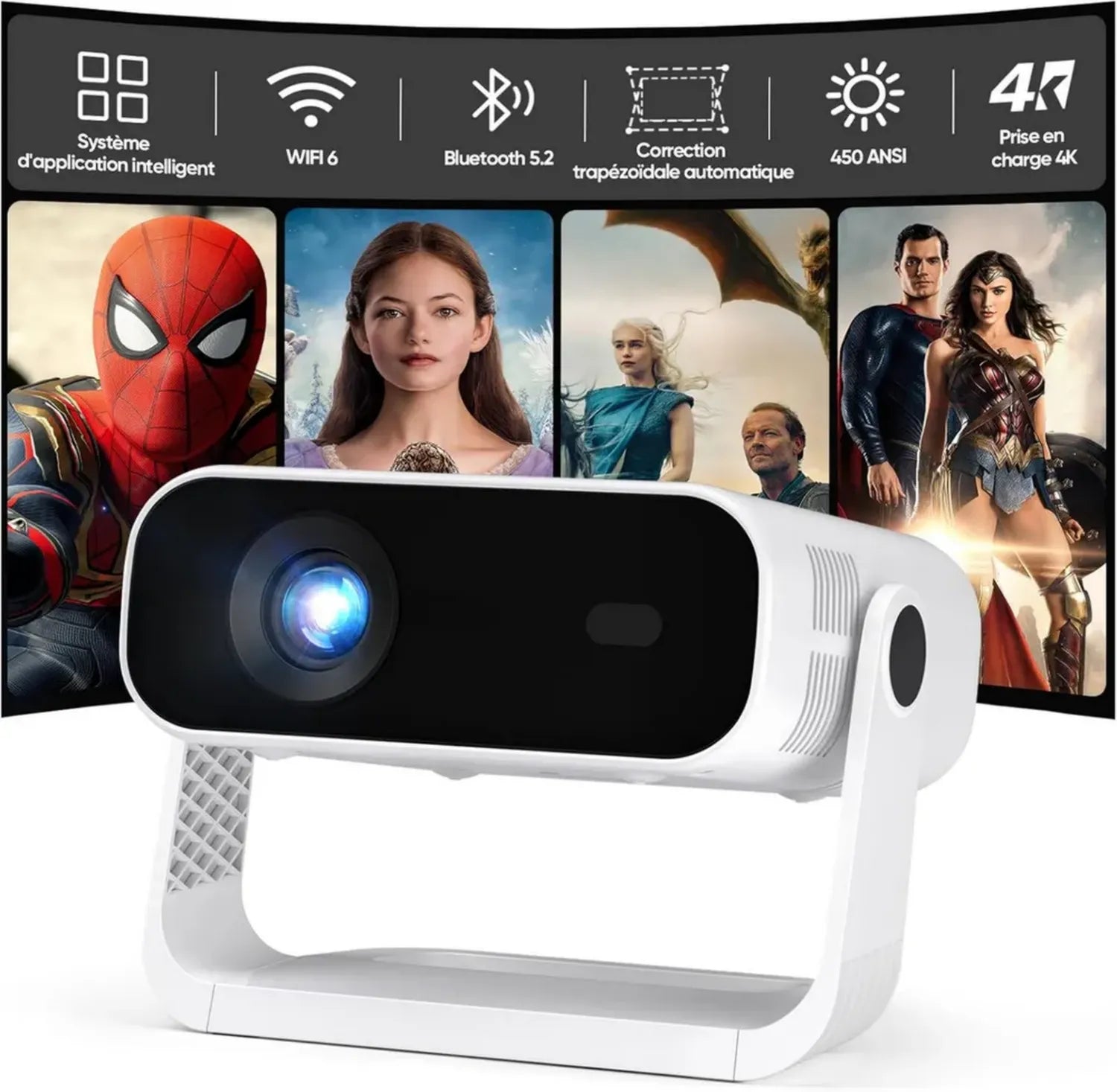 Projecteur Intelligent 1080P, Compatible 4K, 450 ANSI, WIFI6, Bluetooth 5.2
