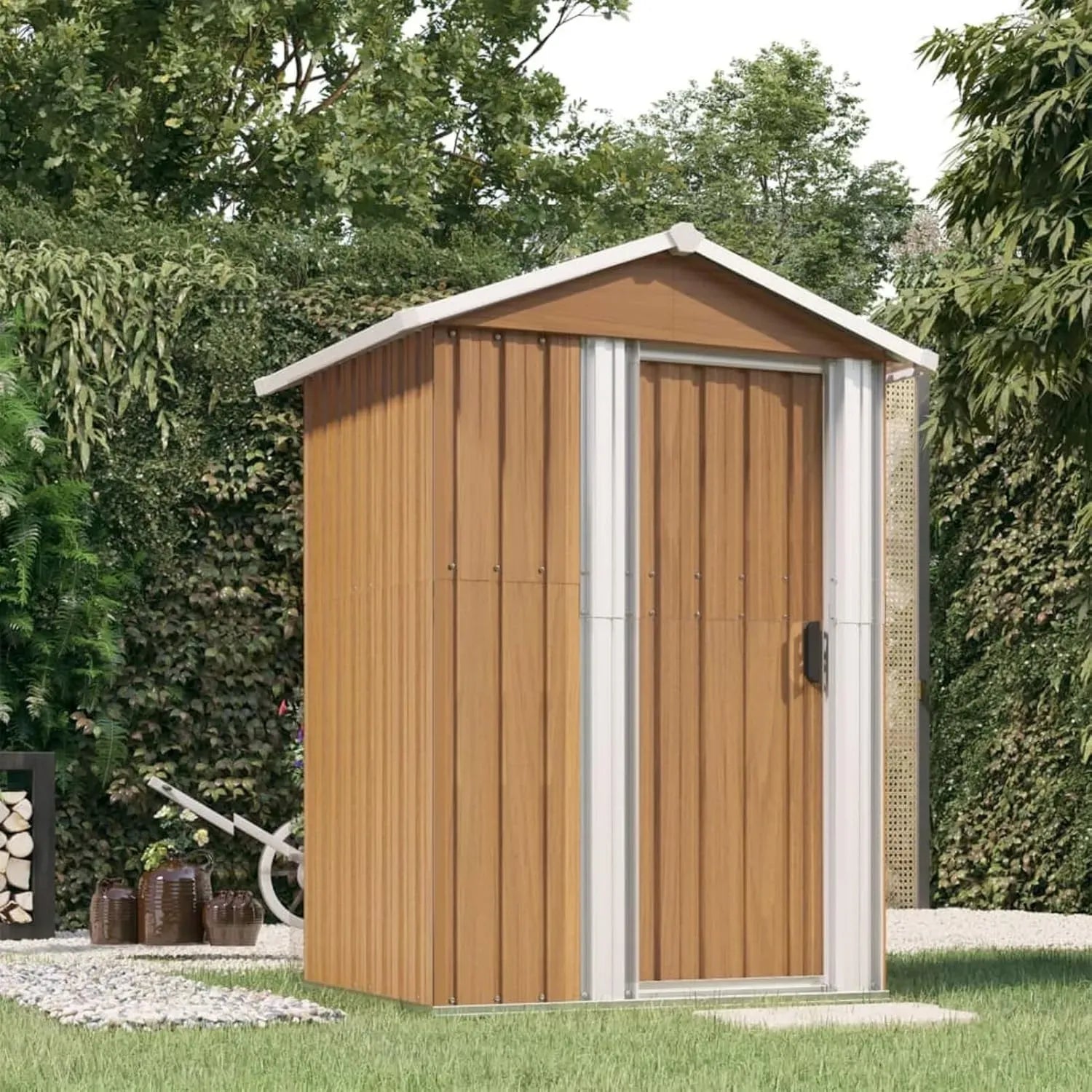 Abri de jardin en métal robuste pour outils et bois – 126x97,5x177 cm – Coloris marron