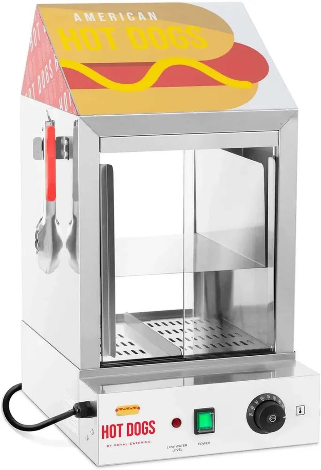 Cuiseur à Hot Dogs Professionnel en Inox avec Réservoir en Verre, 1000 W, Capacité 100 Saucisses et 25 Pains, Température Réglable 30-110°C