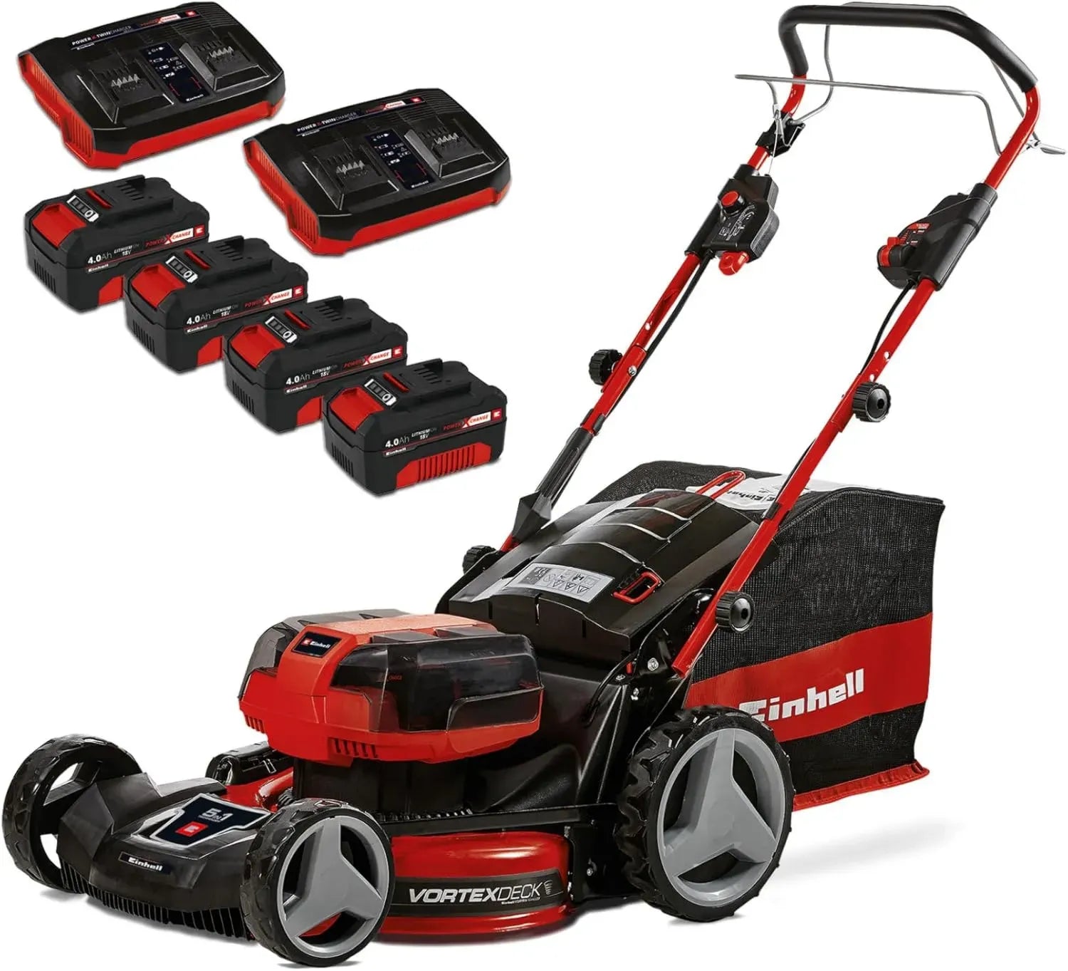 Tondeuse à Gazon Sans Fil Einhell Pro 36V, 47cm, Autotractée, Moteur Brushless, Inclus 4 Batteries 4,0Ah et 2 Chargeurs