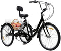Tricycle adulte 24 pouces pliable, 7 vitesses, noir avec dossier et panier, frein V, capacité 95 kg