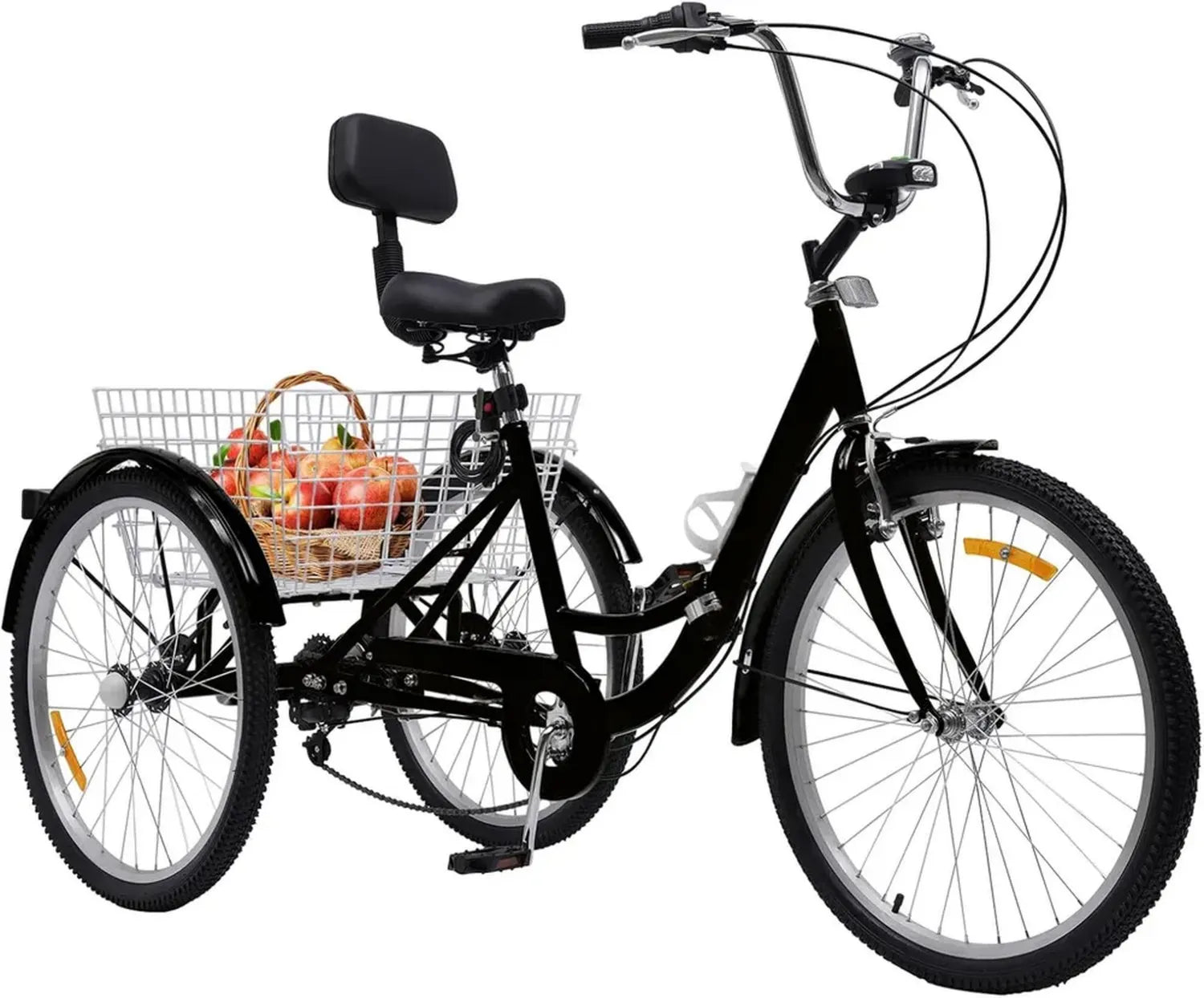 Tricycle adulte 24 pouces pliable, 7 vitesses, noir avec dossier et panier, frein V, capacité 95 kg