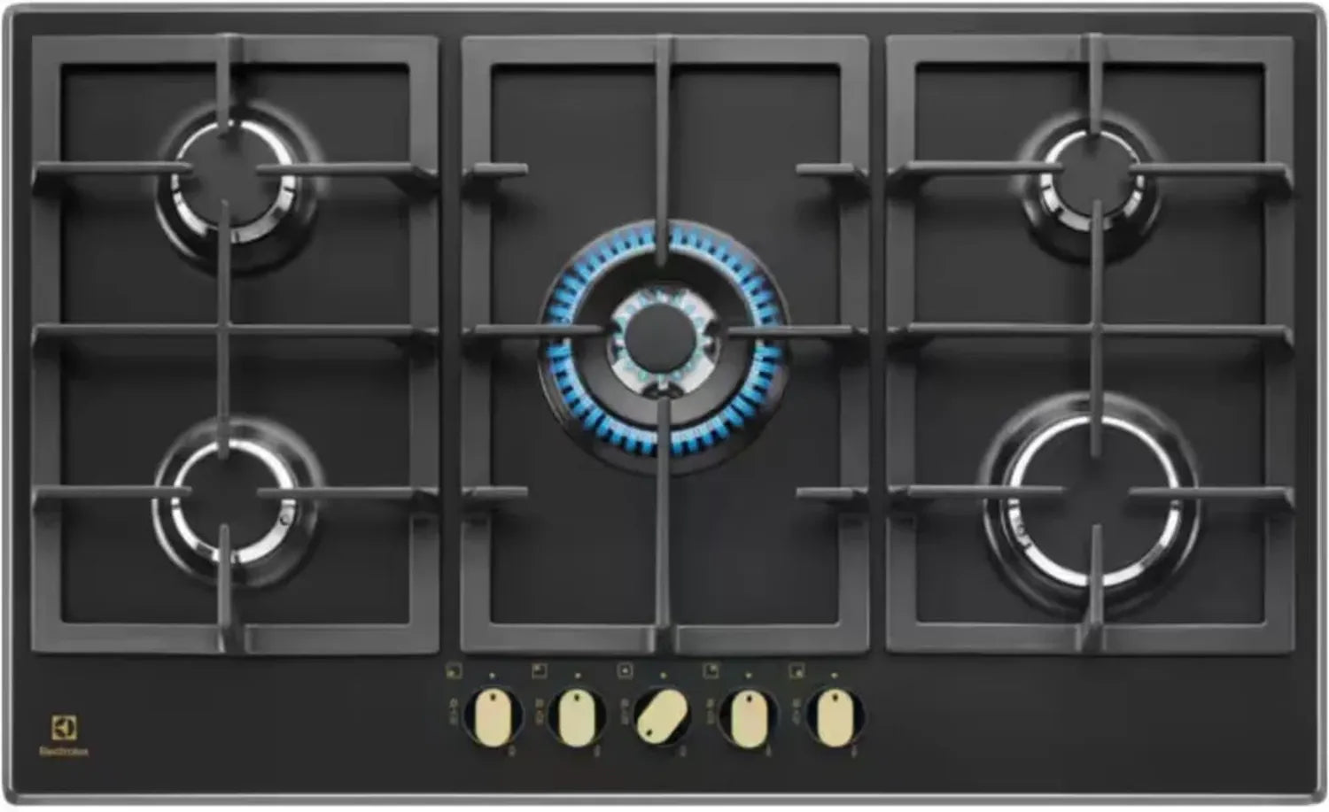 Plaque de cuisson à gaz Electrolux 90 cm en fonte noire avec poignées en bronze