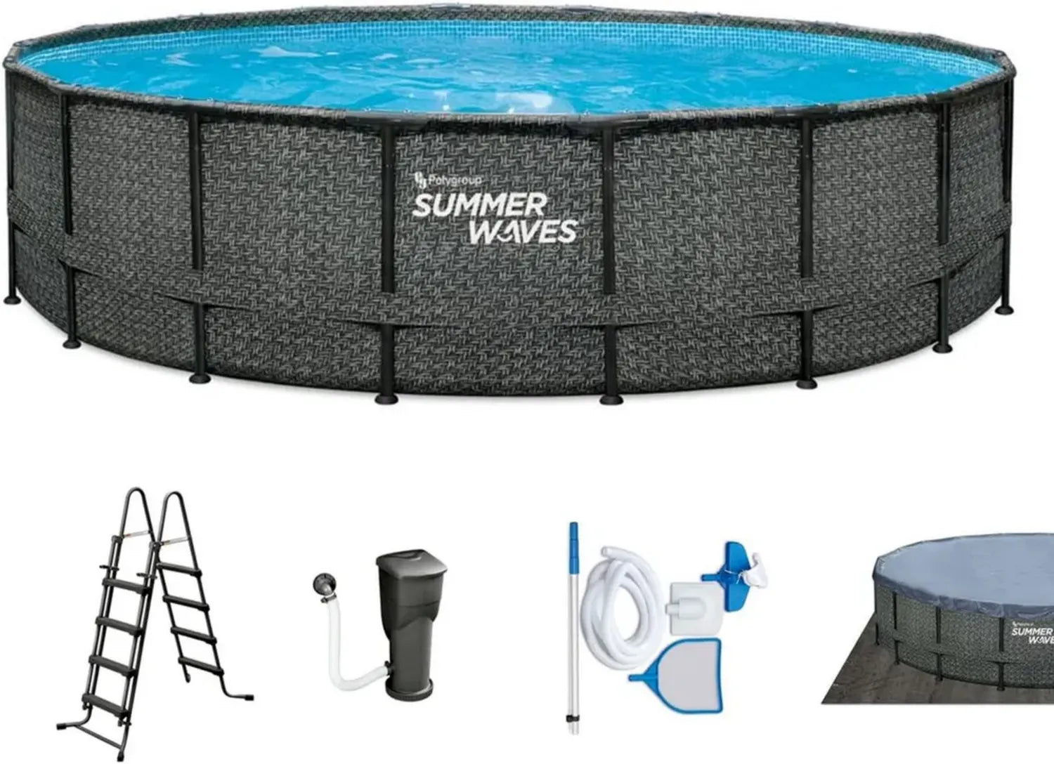 Piscine Ronde Rattan Gris 549 x 132 cm avec Skimmer et Pompe Filtrante