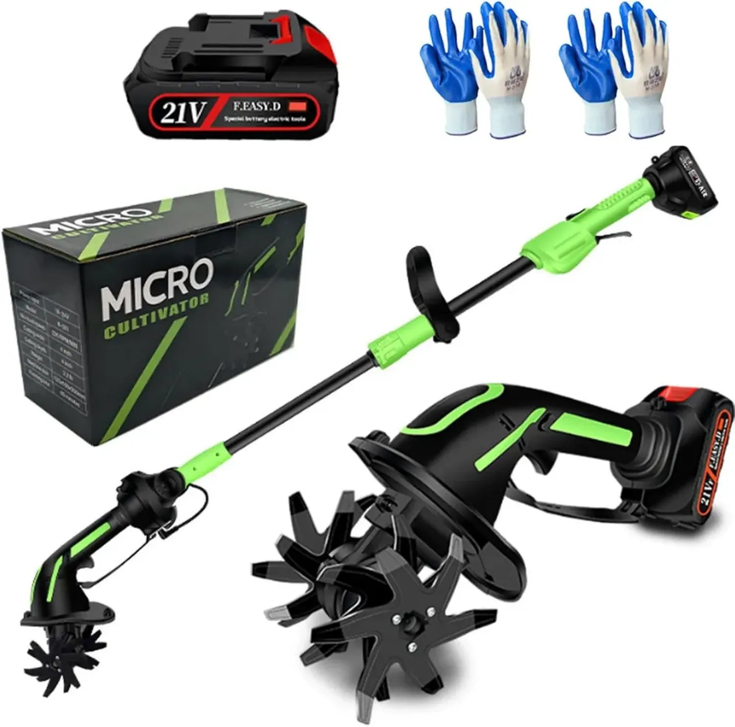 Motoculteur Électrique sans Fil 21V, Tondeuse de Jardin avec Manche Extensible 1,3m, 4 Lames, Profondeur de Travail 10cm, Idéal pour Pelouses et Massifs
