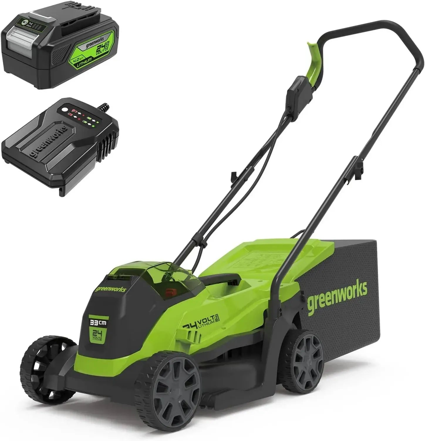Tondeuse à Gazon sans Fil 24V 33cm Greenworks, Moteur Sans Balais, Hauteur Réglable 25-70mm, Fonctions 2-en-1, Sac 30L, Batterie 4Ah et Chargeur Inclus