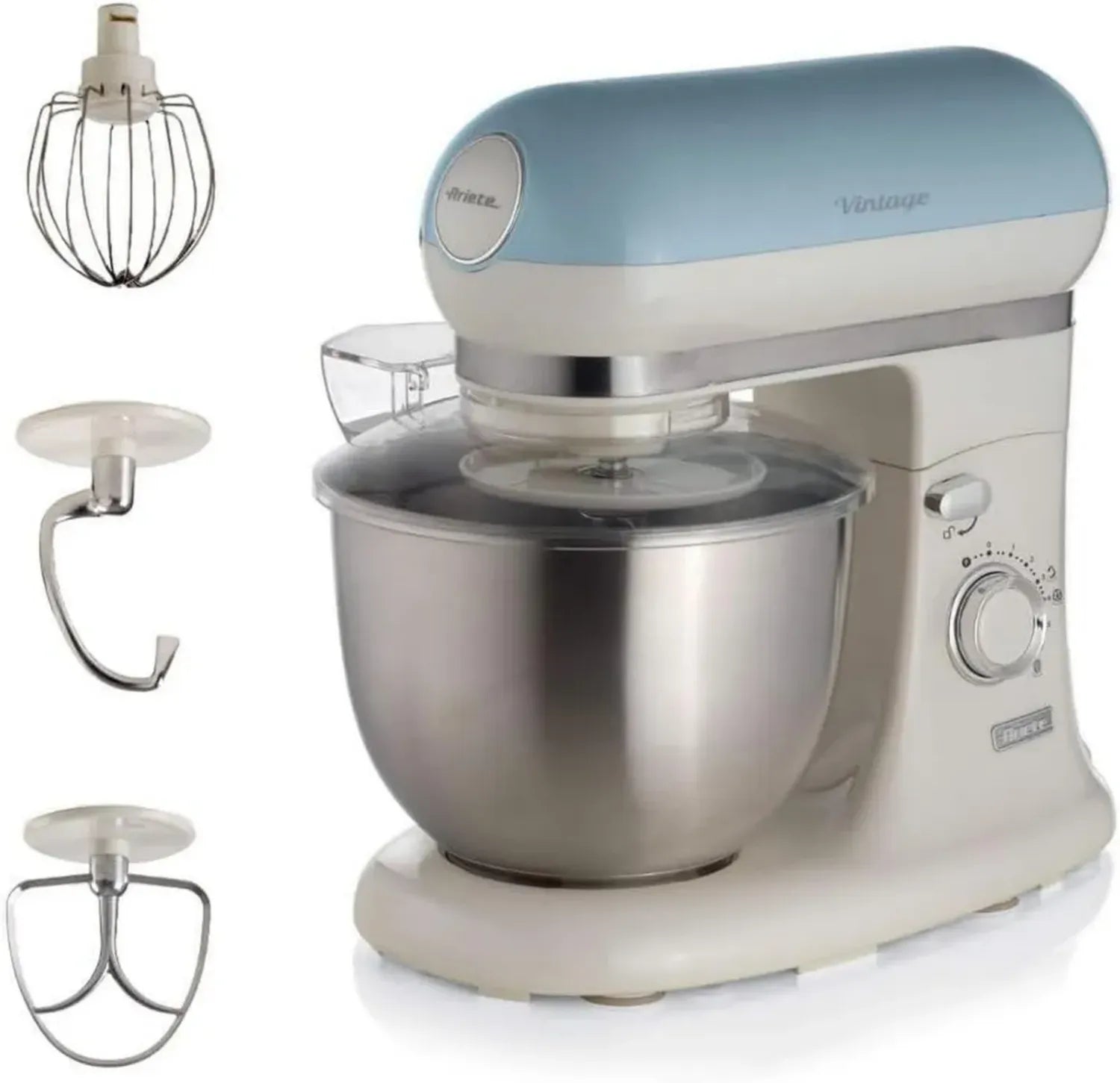 Ariete Robot Pâtissier Vintage 1588, Idéal pour Pain, Pizza et Gâteaux, Inclut Accessoires Divers, 5,5 L, 7 Vitesses + Mode Impulsion, 1200W, Bleu Pastel