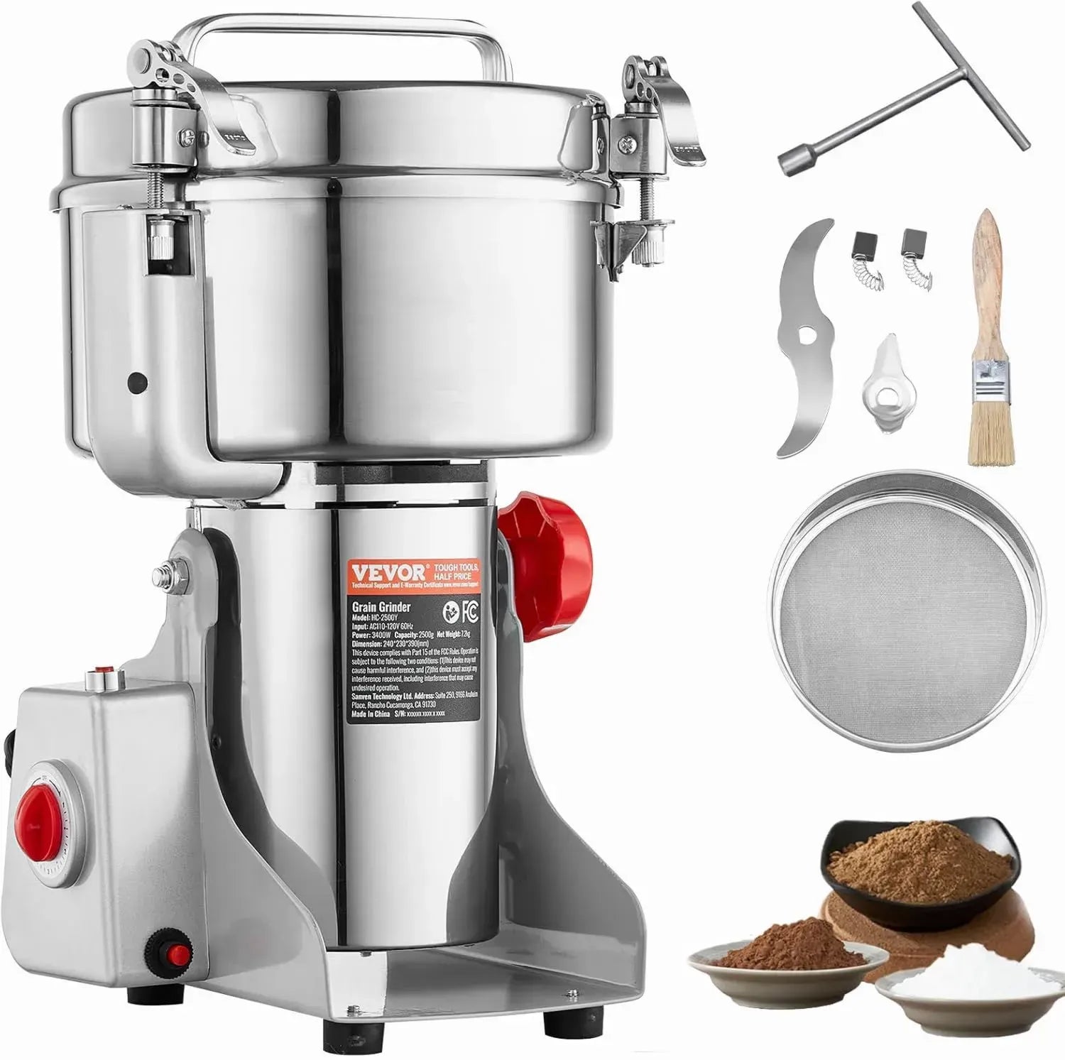 Moulin Électrique VEVOR 3400W, Broyeur en Acier Inoxydable pour Céréales et Épices