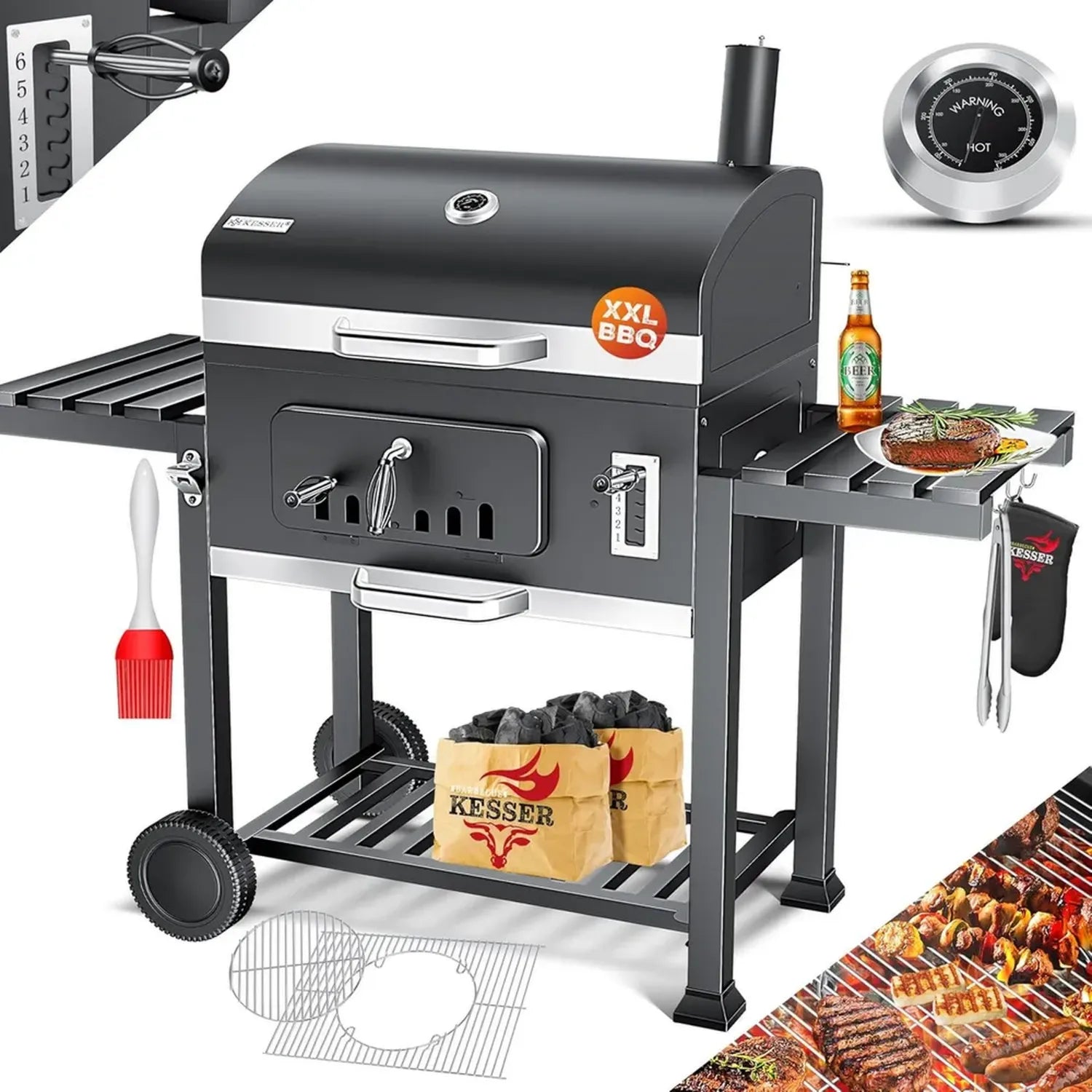 Barbecue XXL au Charbon sur Roues avec Couvercle et Thermomètre