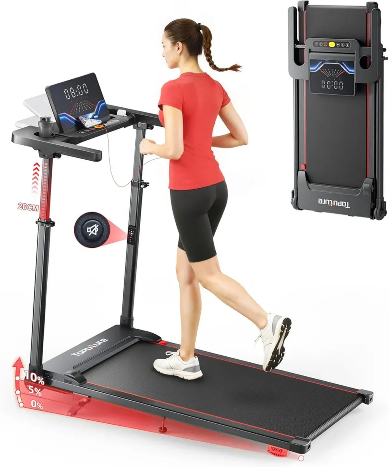 Tapis de Course 6 en 1 avec Inclinaison Ajustable, Vitesse Maximale 12km/h, Colonne Téléscopique de 80CM, Idéal pour la Maison