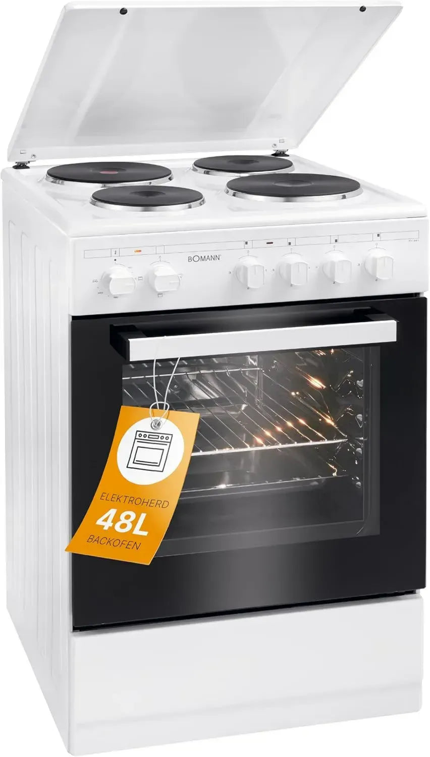 Boman Cuisinière Électrique 4 Plaques, Four 48L, Large 50 cm, Allumage Manuel, Énergie A