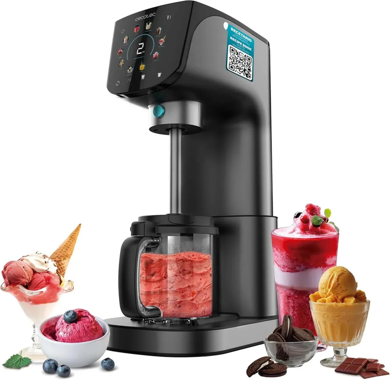 Cecotec Gelatec 2100 Sorbetière Multifonction 500W, 11 Programmes, Écran Tactile, 3 Bacs, 2,1L
