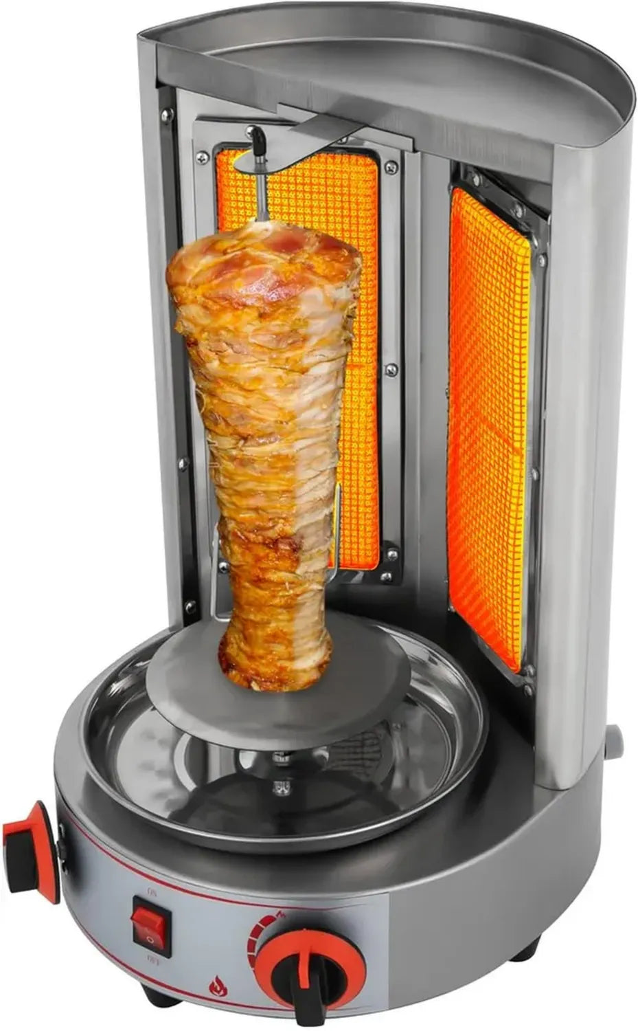 Grill vertical électrique inoxydable 8 kg avec rotation 360° et bac à graisse – Barbecue automatique pour viandes et légumes, sain et faible en graisse, argenté
