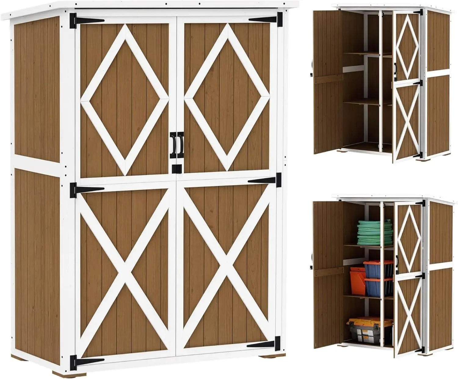 Abri de Jardin en Bois avec Étagères et Portes Verrouillables, 0,55 m², 116,5x57x159/167 cm, Marron/Blanc