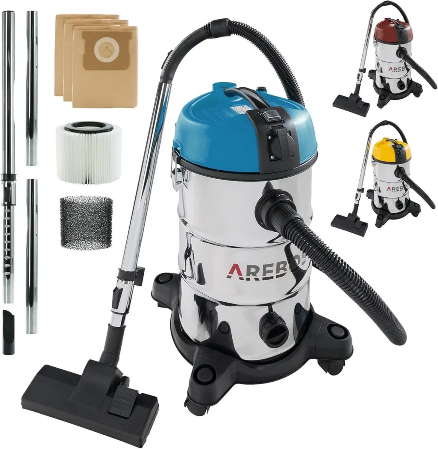 Aspirateur Industriel AREBOS 1300W, 5 en 1, 30L, Acier Inoxydable, Fonction Soufflage, Bleu