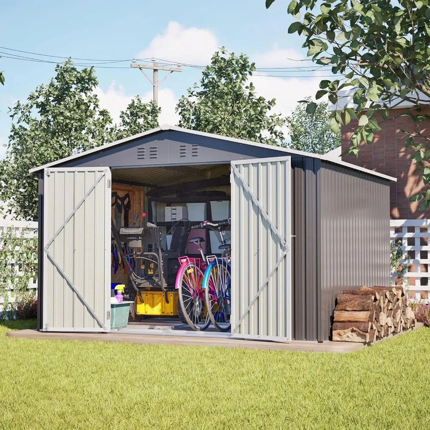 Grande Cabane de Jardin en Métal avec Toit Double Pente - 300x252x191 cm - Abri Sûr pour Outils et Équipements - Finition Anthracite Galvanisée