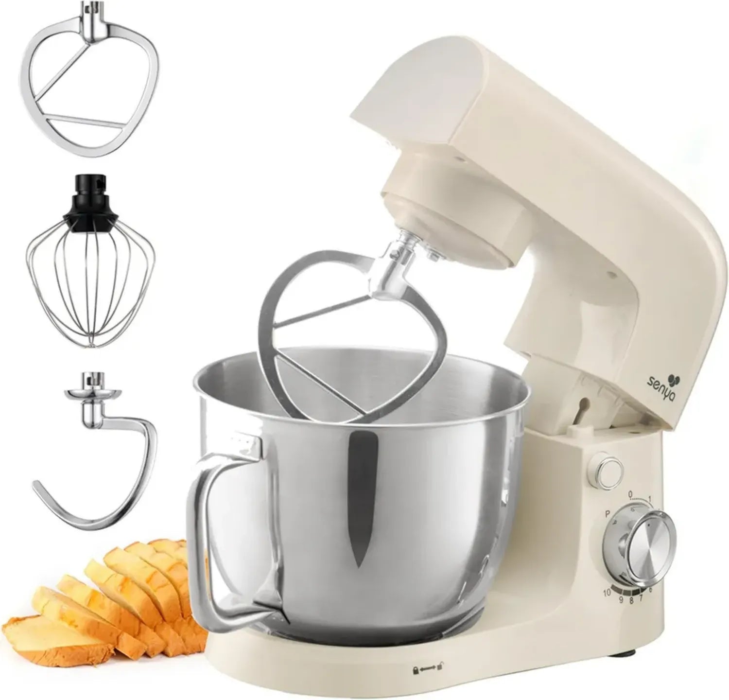 Robot Pâtissier Senya 1500W Multifonctions avec Bol Inox 5L, 10 Vitesses, Couvercle Anti-Éclaboussures et Accessoires Complets