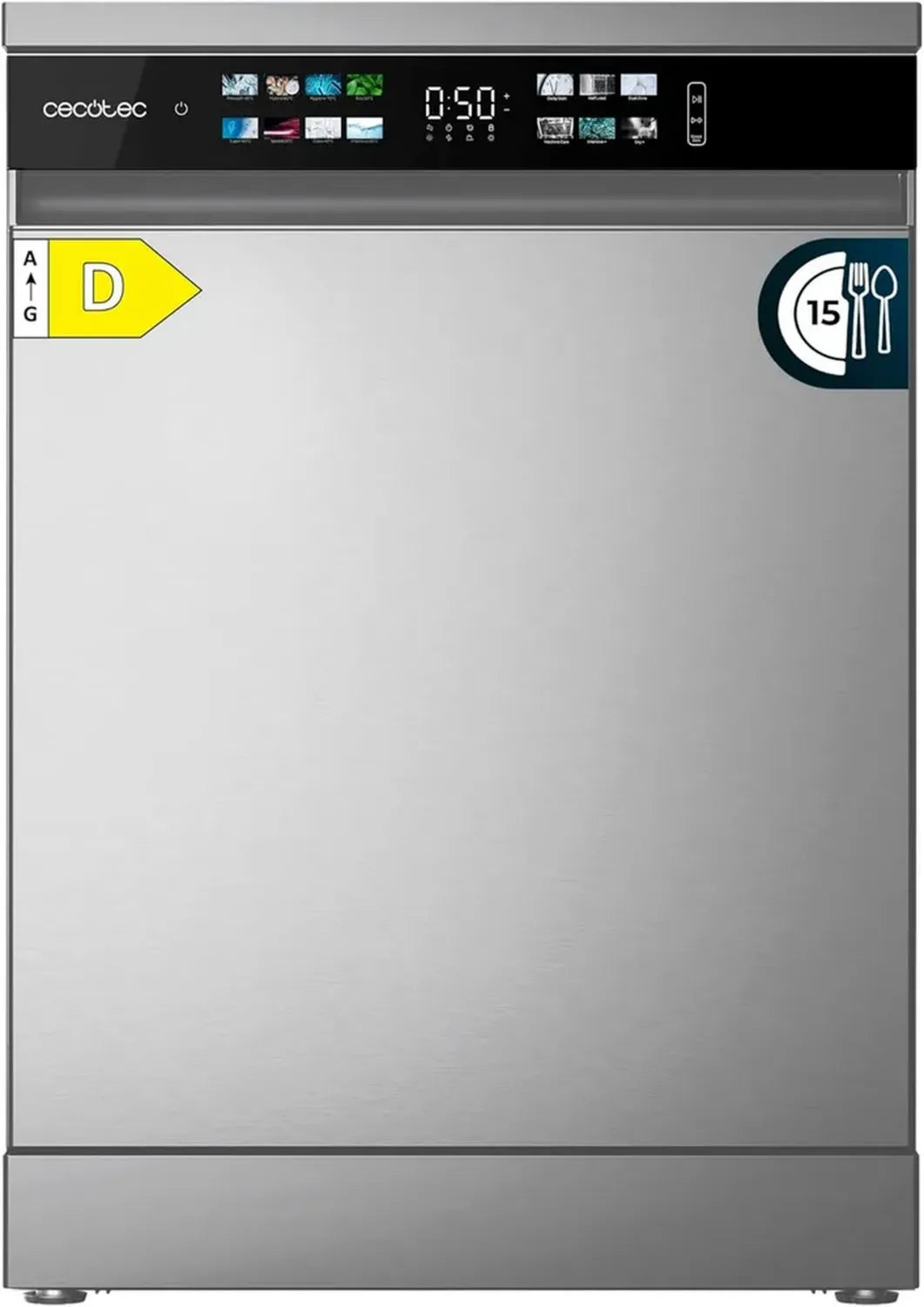 Lave-vaisselle Cecotec Bolero Aguazero 6210 Inox, 60 cm, 15 Couverts, Classe D, Écran XXL, 14 Programmes, Dual Zone, Aquastop, Séchage Plus, Plateau Ajustable, AutoNettoyage