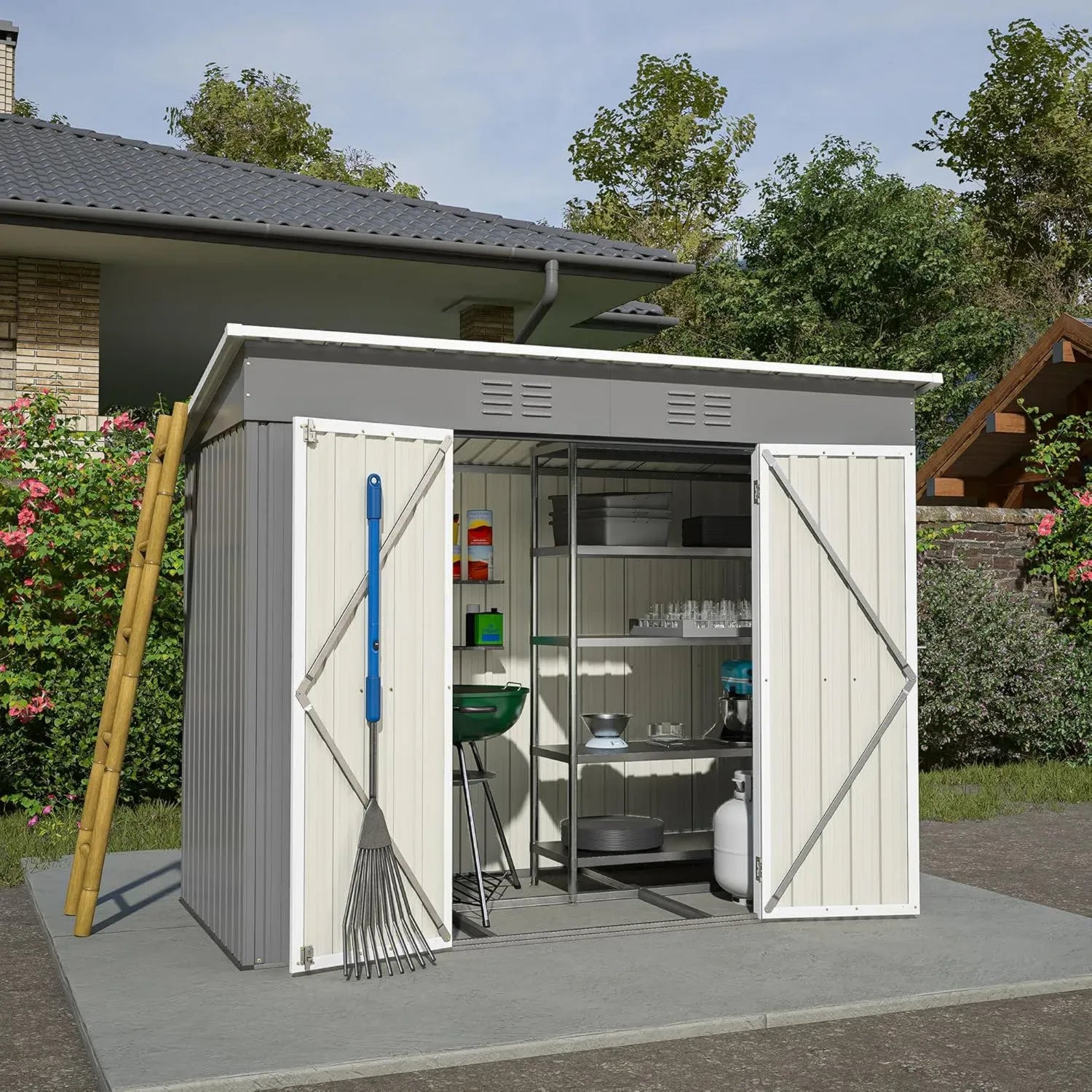 Abri de jardin en métal 8x4 ft avec fondation, résistant aux intempéries
