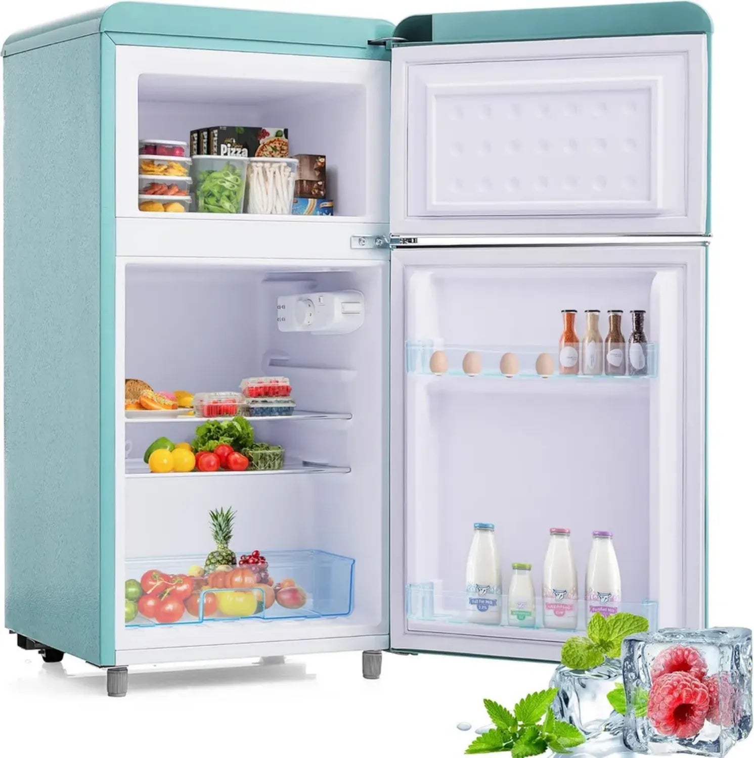 Réfrigérateur rétro compact Merax 72L avec congélateur 21L et compartiment à légumes, éclairage LED, 120 kWh/an, couleur cyan